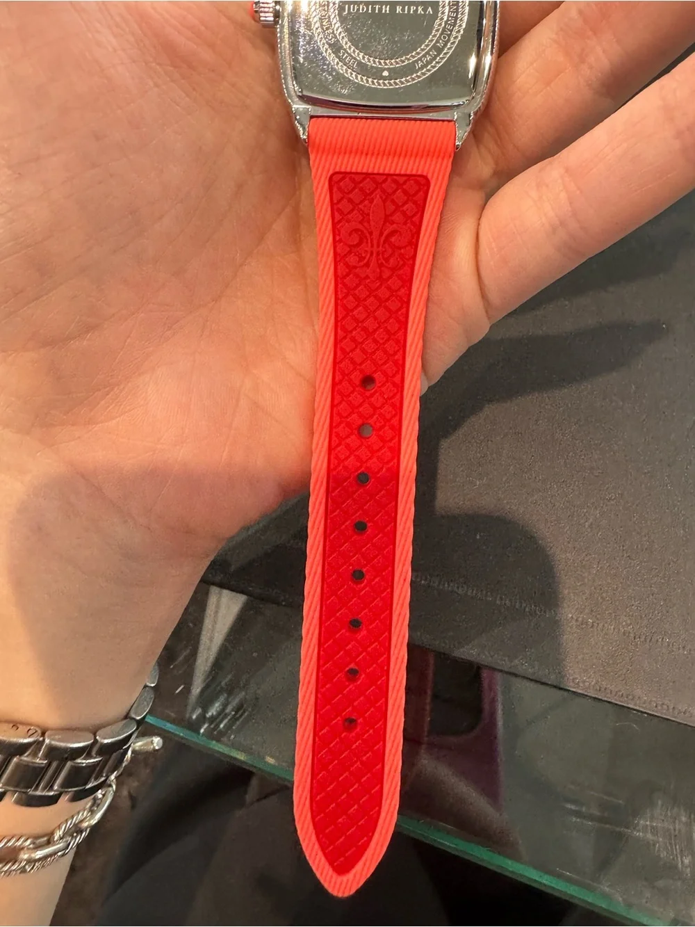 New Judith Ripka Coral Red Mother of Pearl Stainless Steel Square Women's Watch